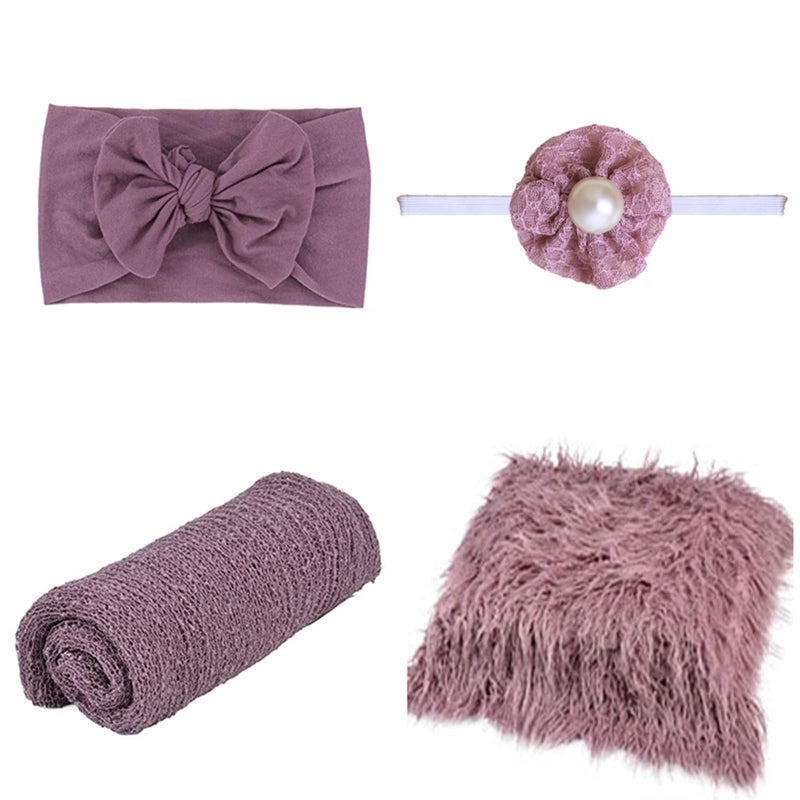 SPOKKI 4 Pcs Newborn Photography Props Outfits- Baby Long Ripple Wrap and Toddler Swaddle Blankets Photography Mat with Cute Headbands for Infant Boys Girls(0-12 Months) (Purple) - Image 4